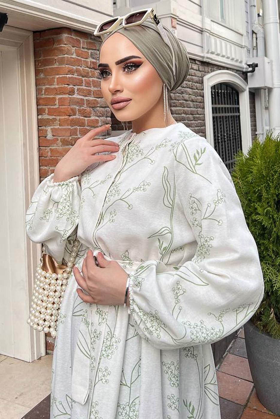 Tesettür giyim KREM GİZLİ DÜĞMELİ DESENLİ PAMUKLU ELBİSE 2338 