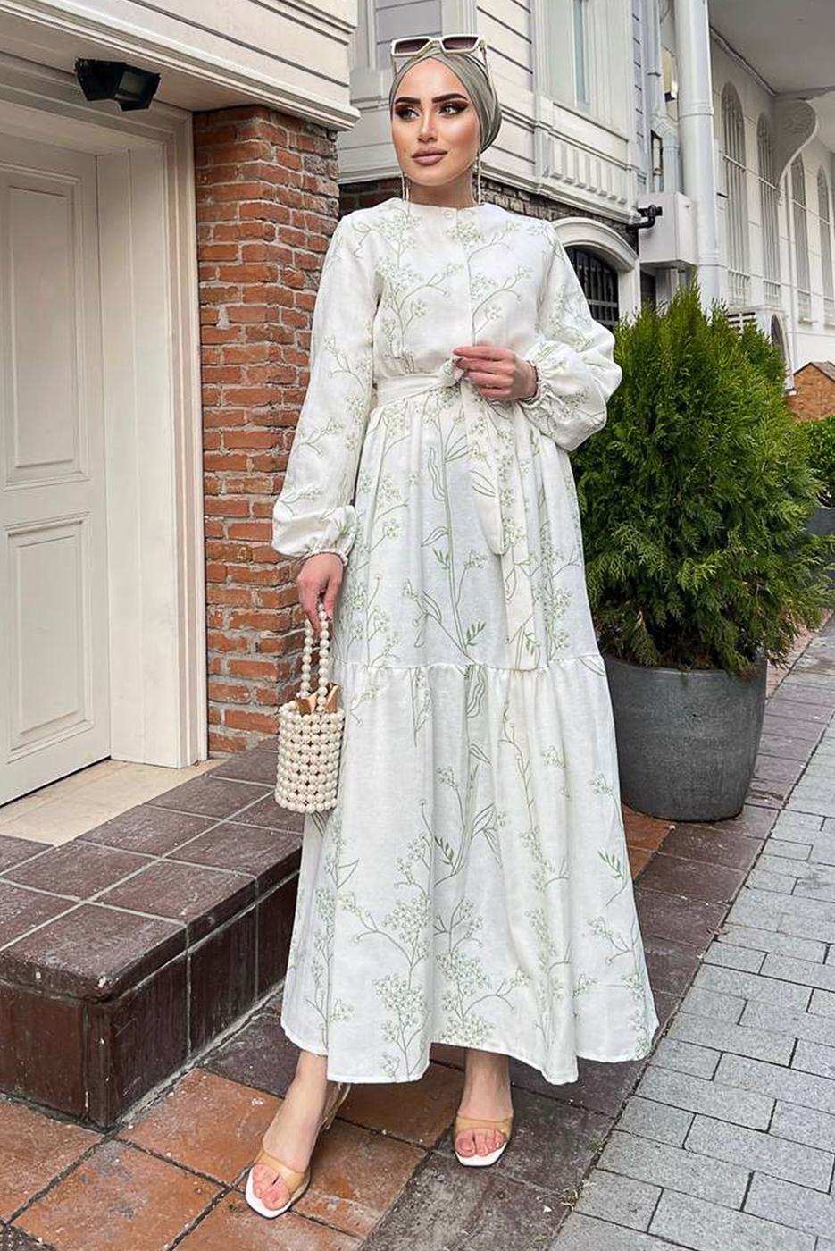 Tesettür giyim KREM GİZLİ DÜĞMELİ DESENLİ PAMUKLU ELBİSE 2338 