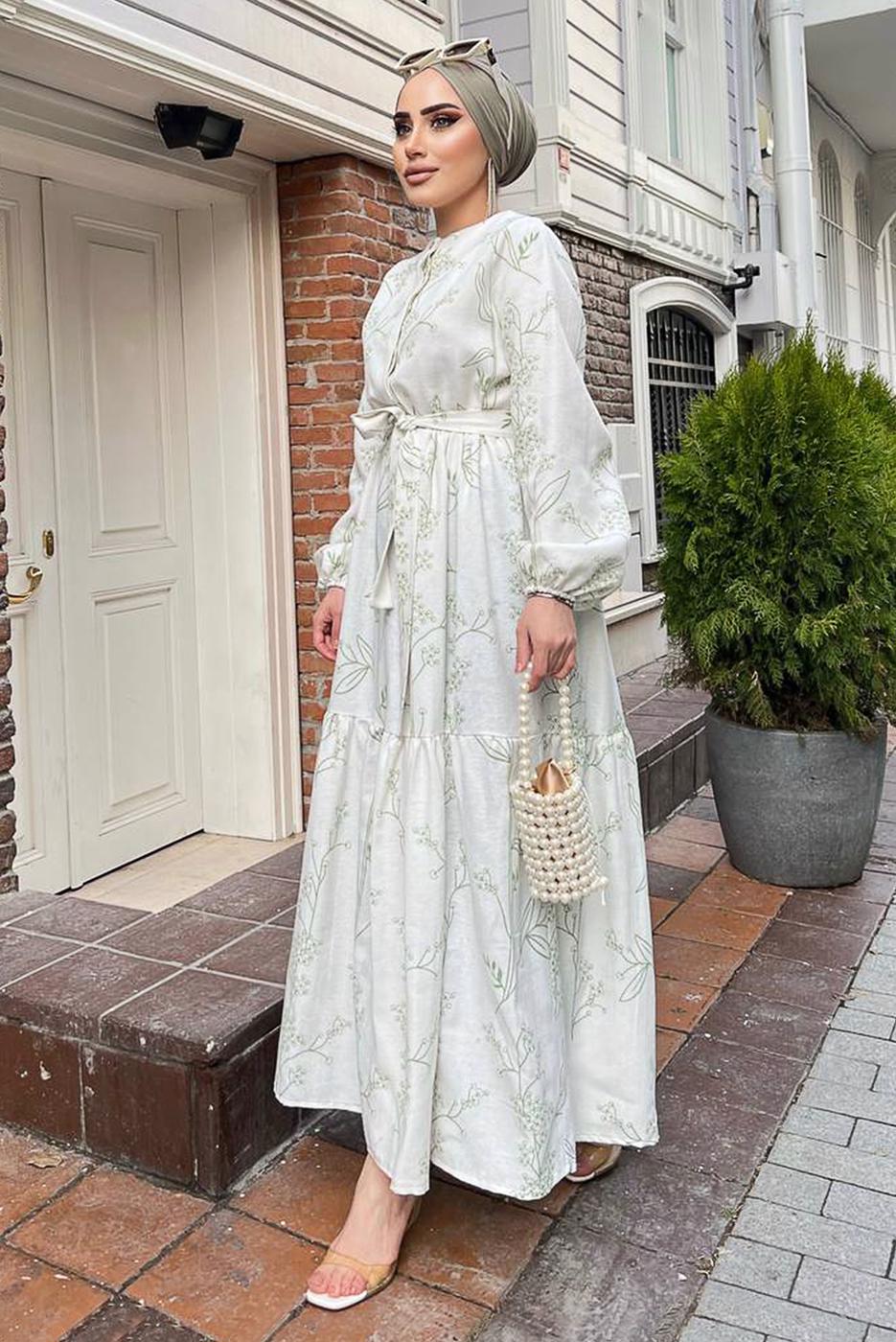 Tesettür giyim KREM GİZLİ DÜĞMELİ DESENLİ PAMUKLU ELBİSE 2338 