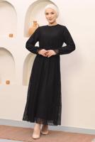 Tesettür giyim SİYAH YUVARLAK DESENLİ BELİ BÜZGÜLÜ ELBİSE 2419 