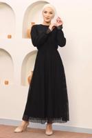 Tesettür giyim SİYAH YUVARLAK DESENLİ BELİ BÜZGÜLÜ ELBİSE 2419 