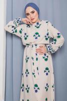 Hijab clothing GREEN FLORAL PATTERN BELTED DRESS 2632