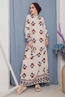 Tesettür giyim KIRMIZI ÇİÇEK DESENLİ KUŞAKLI ELBİSE 2632 