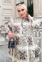 Tesettür giyim BEJ SATEN DESENLİ ELBİSE 2637 