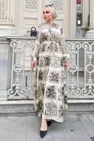 Tesettür giyim BEJ SATEN DESENLİ ELBİSE 2637 