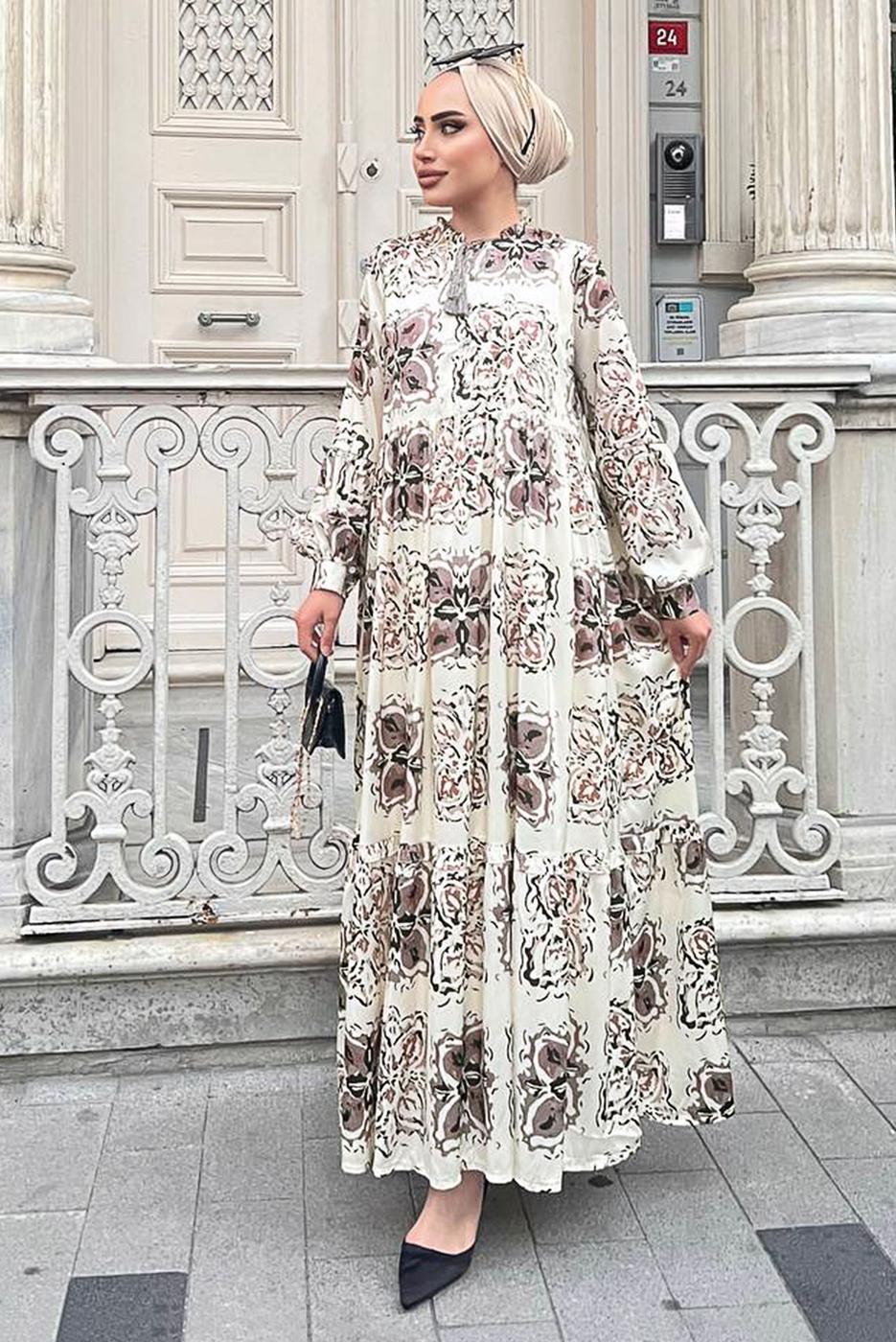 Tesettür giyim BEJ SATEN DESENLİ ELBİSE 2637 