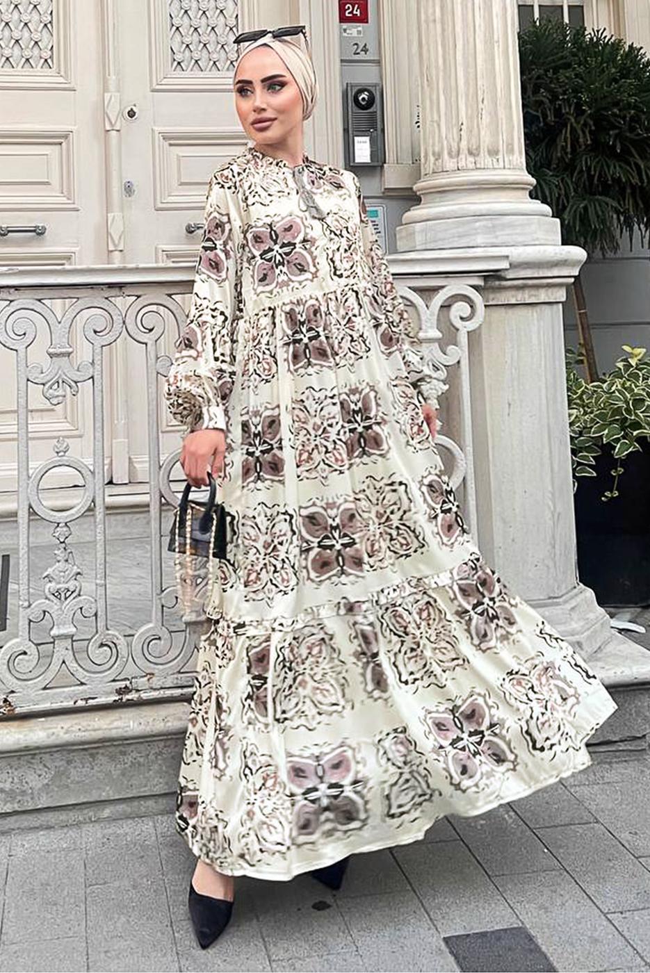 Tesettür giyim BEJ SATEN DESENLİ ELBİSE 2637 