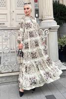 Tesettür giyim BEJ SATEN DESENLİ ELBİSE 2637 