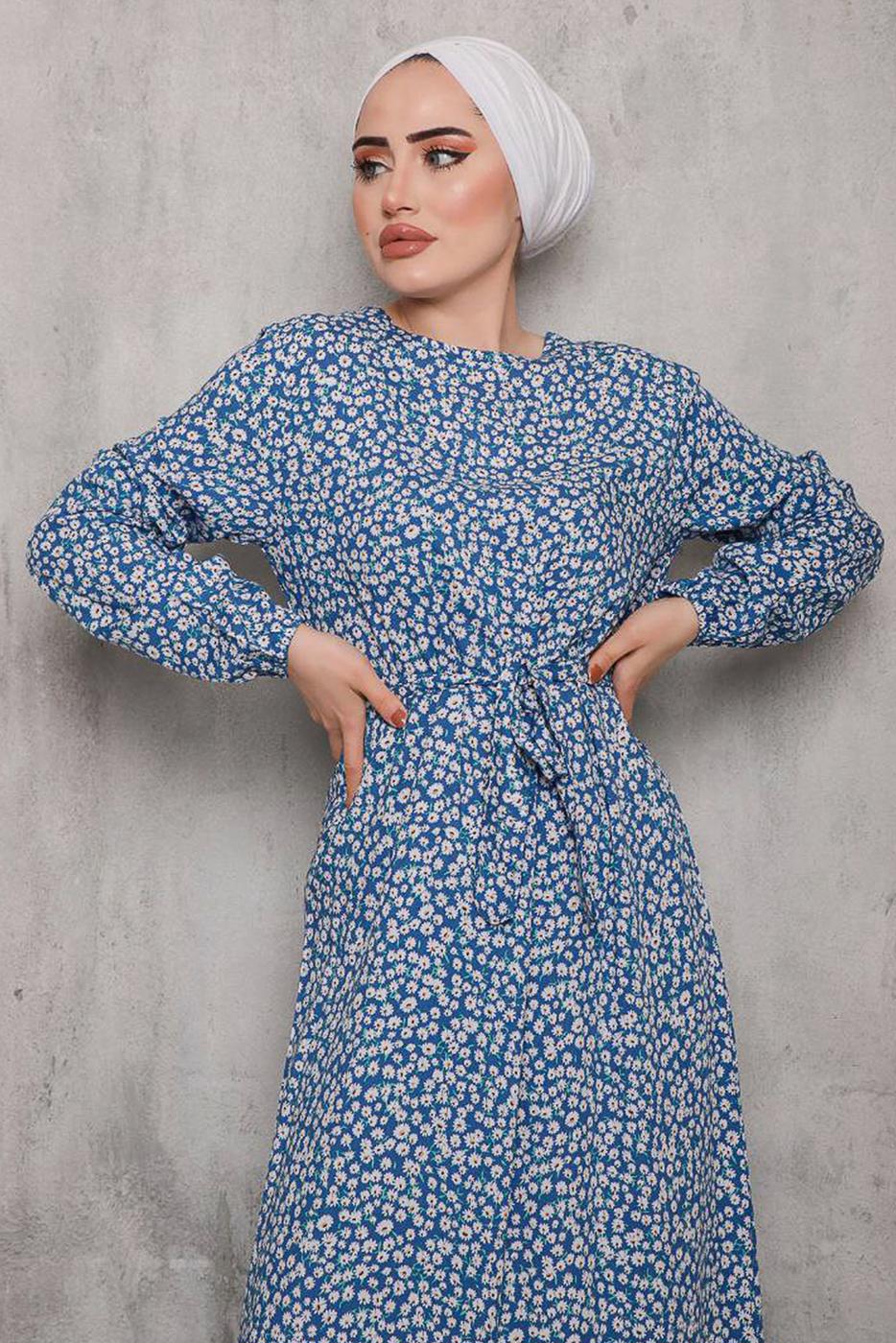 Tesettür giyim MAVİ ÇİÇEK DESENLİ ELBİSE 2832 
