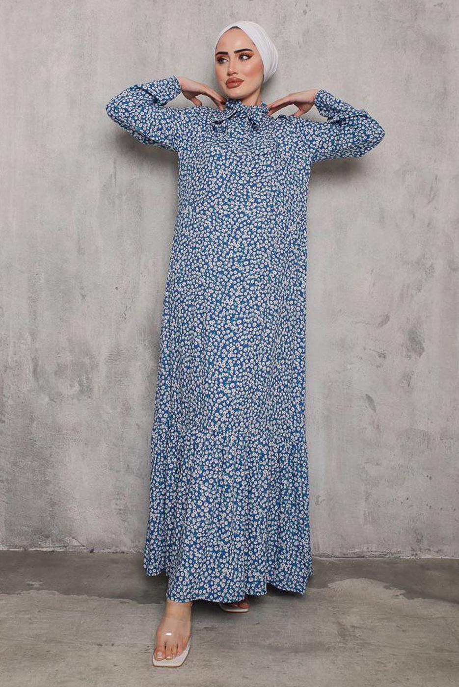 Tesettür giyim MAVİ ÇİÇEK DESENLİ ELBİSE 2832 