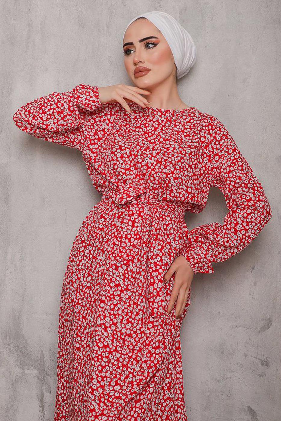 Tesettür giyim KIRMIZI ÇİÇEK DESENLİ ELBİSE 2832 