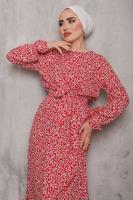 Tesettür giyim KIRMIZI ÇİÇEK DESENLİ ELBİSE 2832 