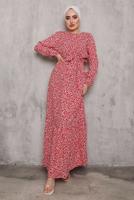 Tesettür giyim KIRMIZI ÇİÇEK DESENLİ ELBİSE 2832 