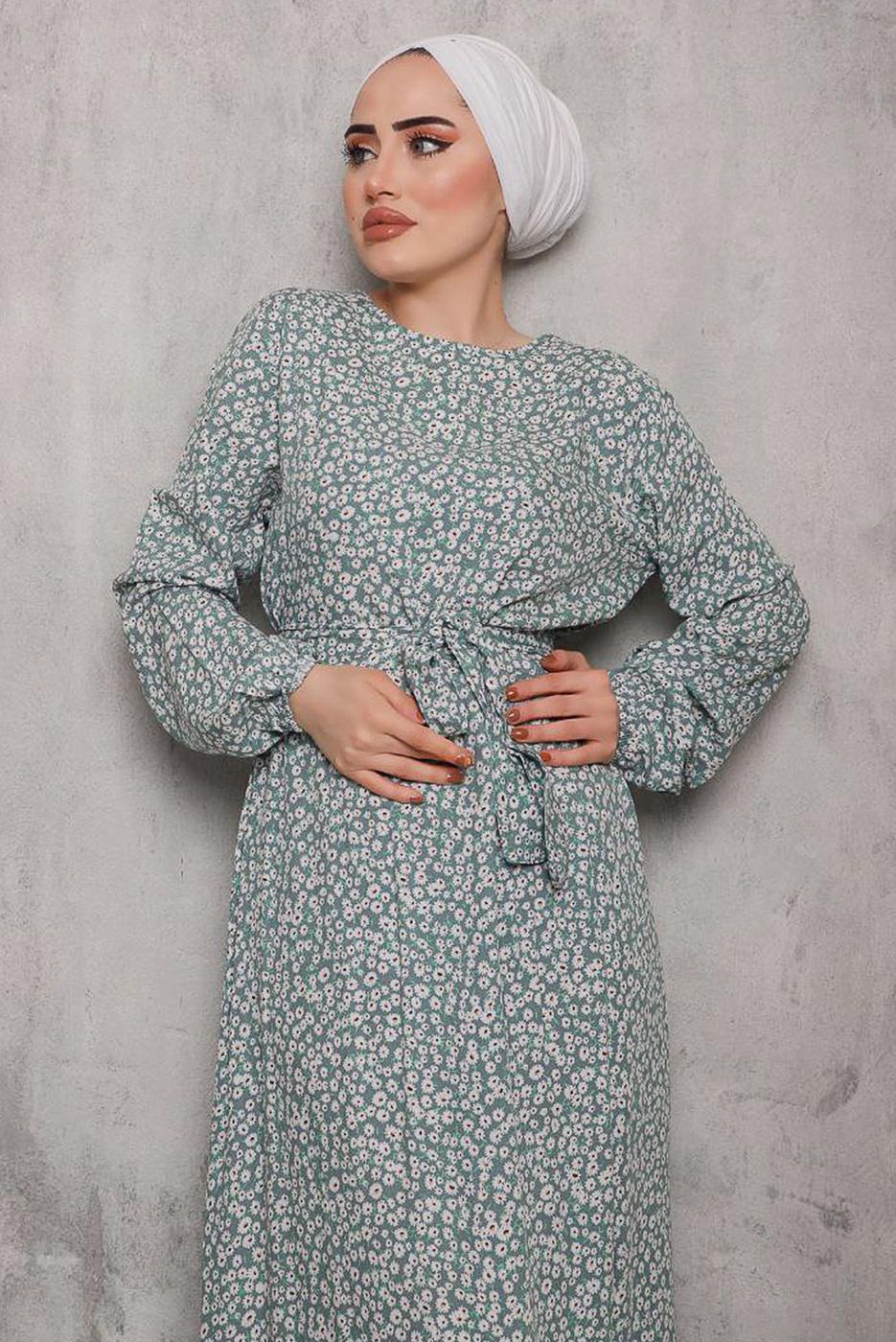 Vêtements hijab VERT ROBE MOTIF FLEURI 2832