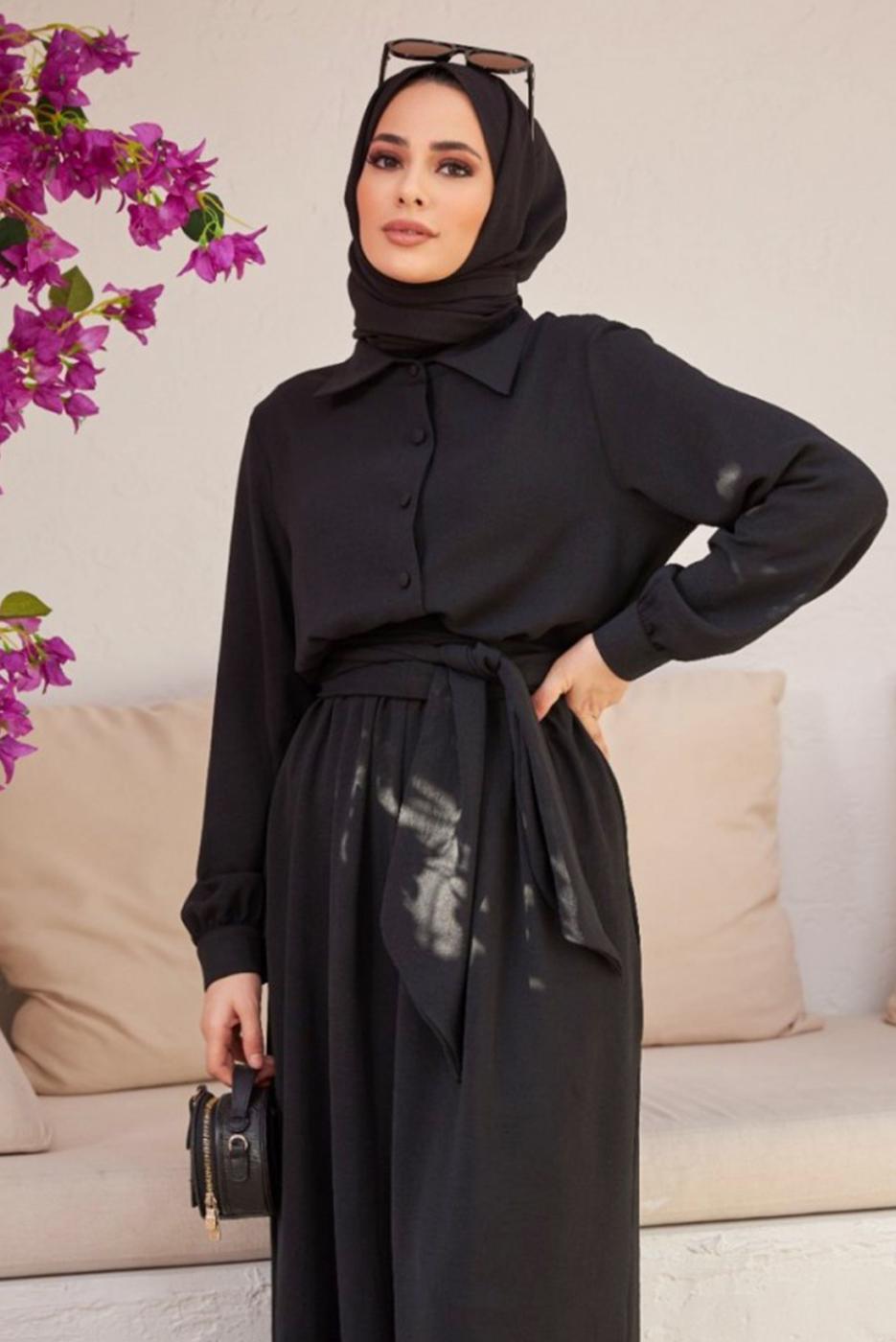 Hijab clothing BLACK BUTTONED BELTED OVERALLS 2904 