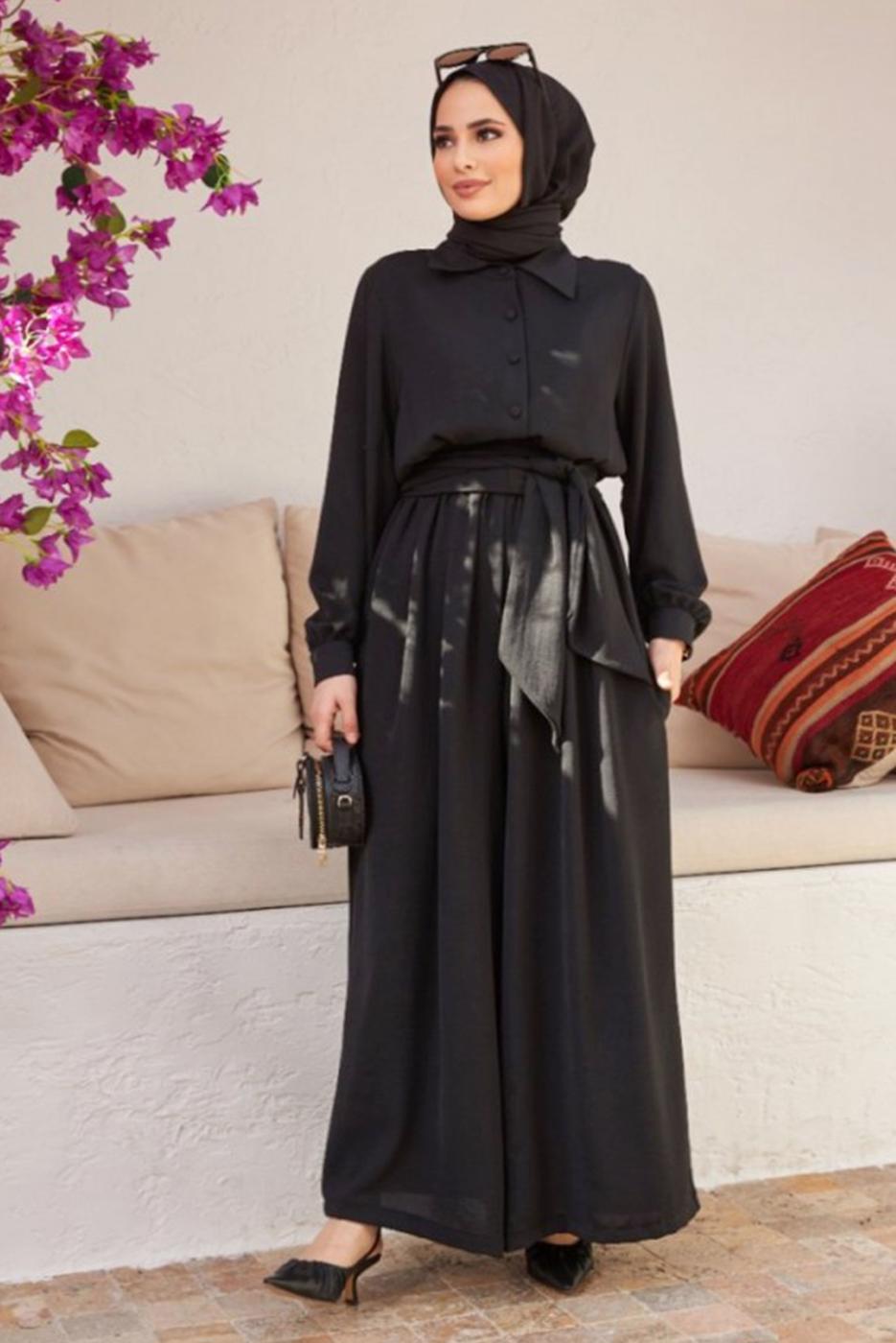 Hijab clothing BLACK BUTTONED BELTED OVERALLS 2904 