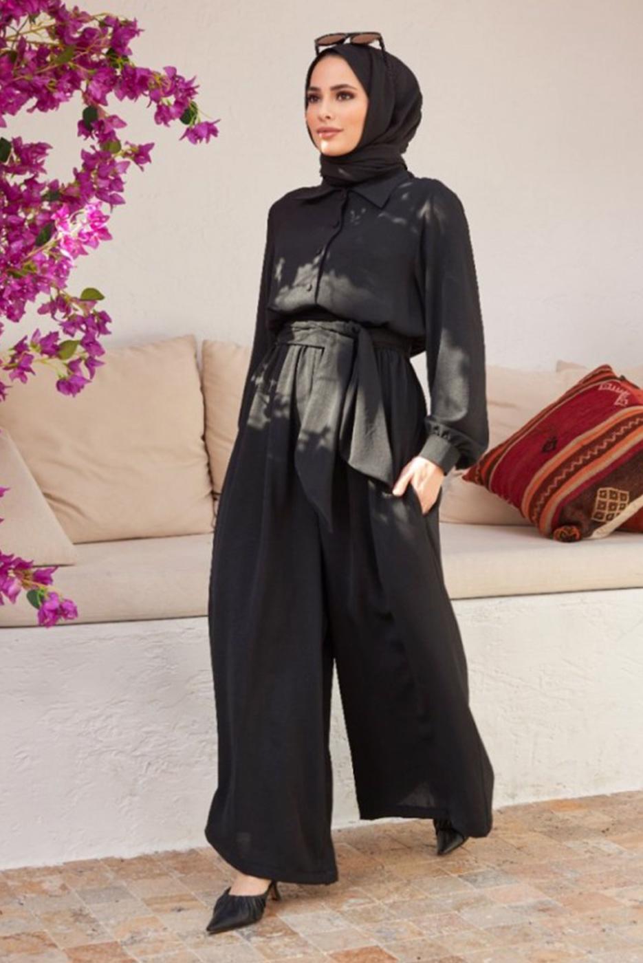 Hijab clothing BLACK BUTTONED BELTED OVERALLS 2904 