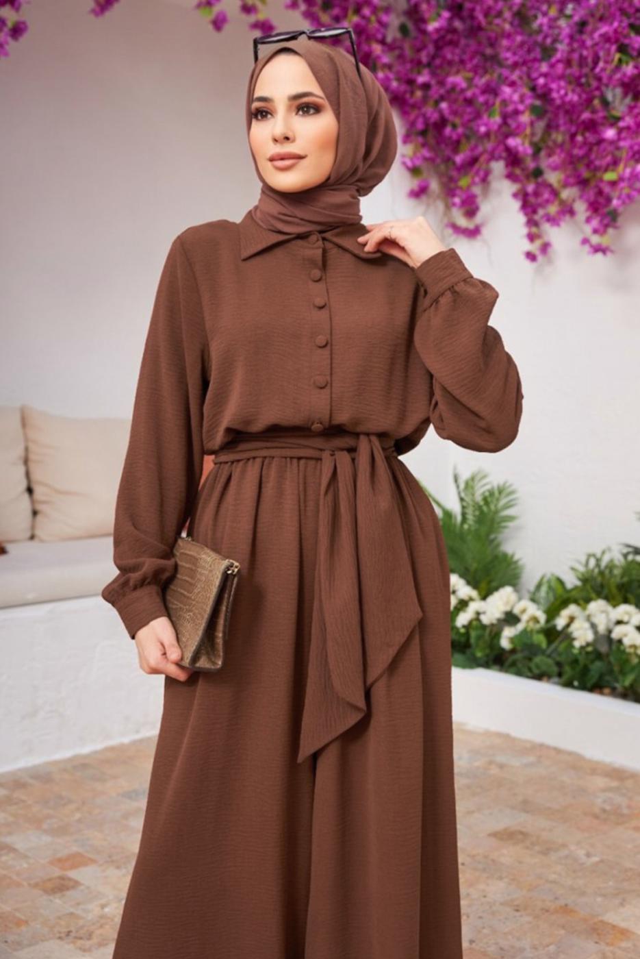 Hijab clothing BROWN BUTTONED BELTED OVERALLS 2904 