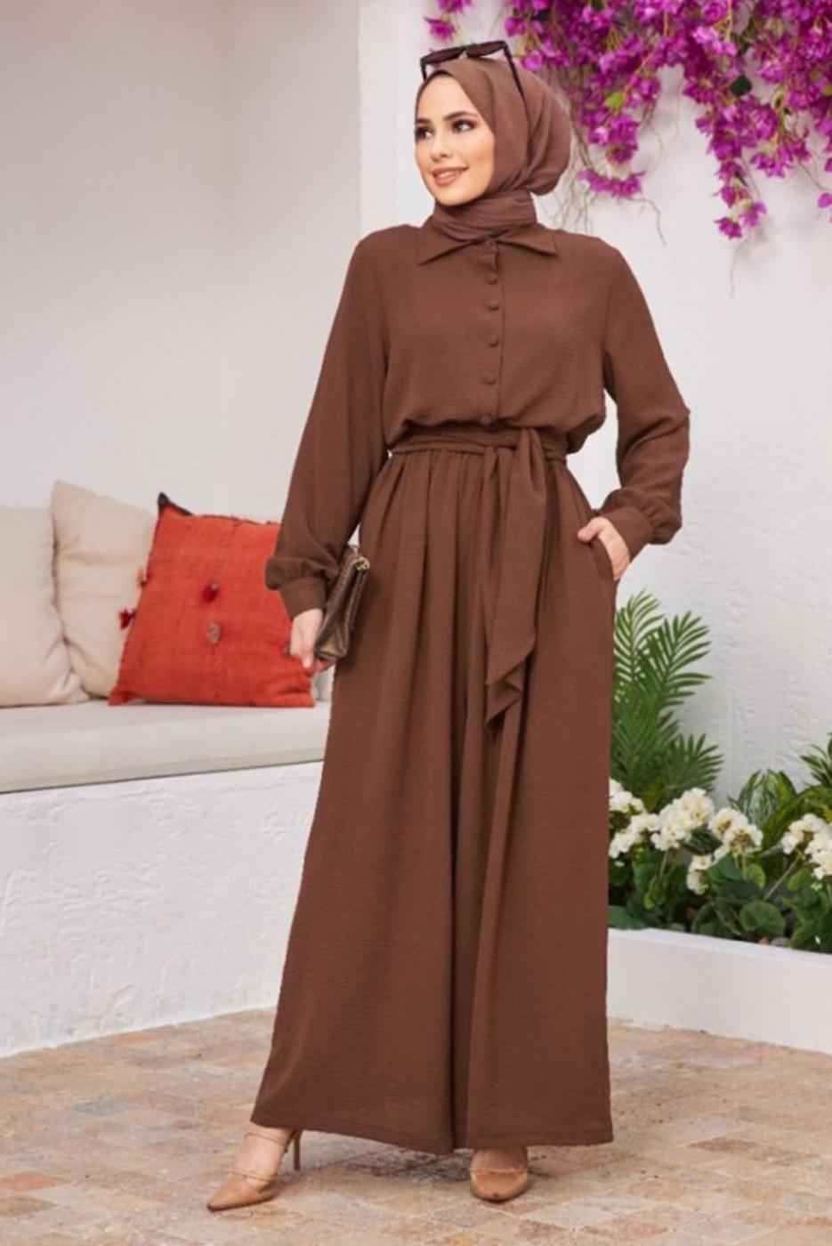 Hijab clothing BROWN BUTTONED BELTED OVERALLS 2904 