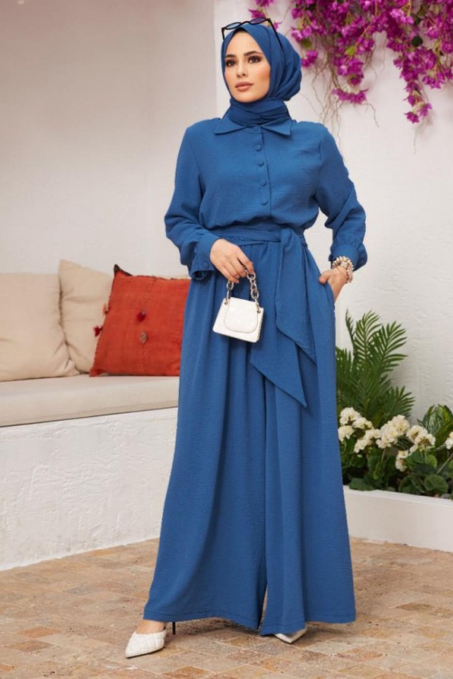 Hijab clothing NAVY BLUE BUTTONED BELTED OVERALLS 2904 