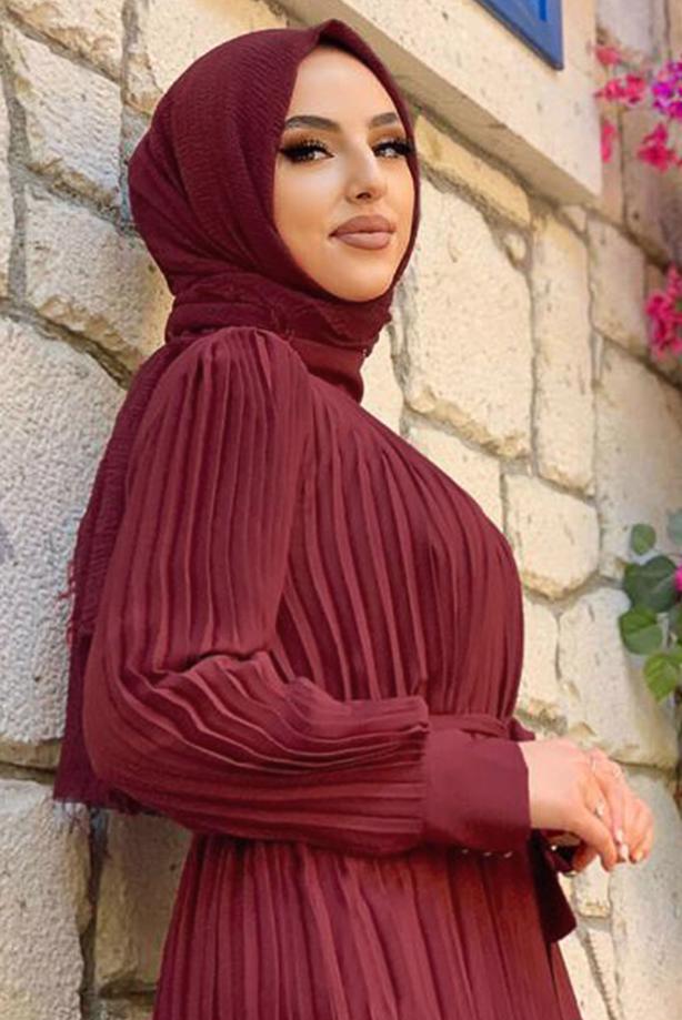 Tesettür giyim  PİLİSELİ KREP ELBİSE 3043 - TRENDTESETTÜR