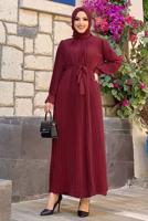 Tesettür giyim BORDO PİLİSELİ KREP ELBİSE 3043