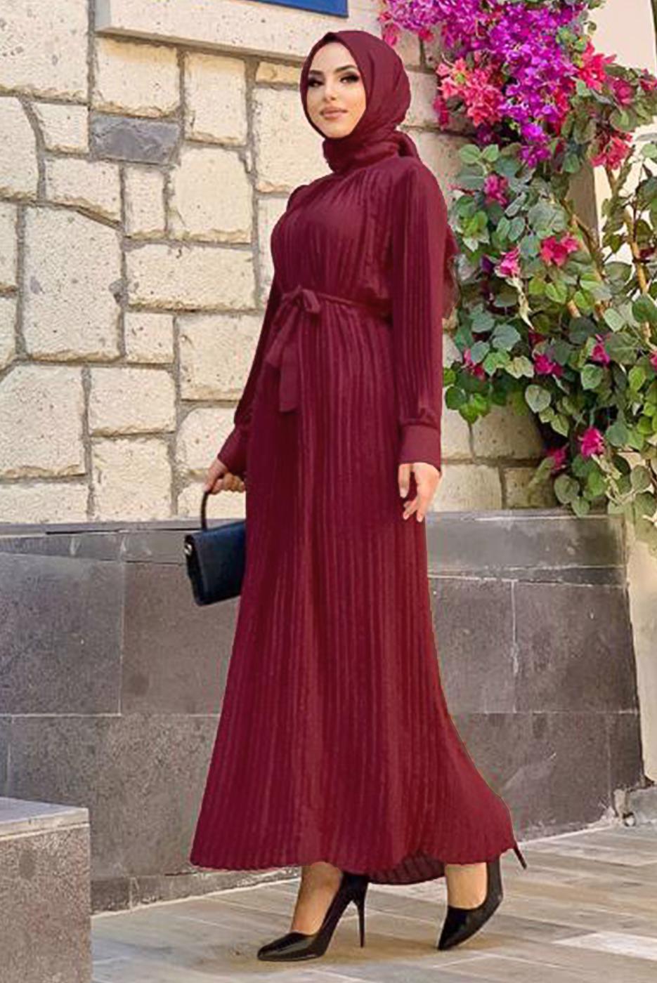 Tesettür giyim BORDO PİLİSELİ KREP ELBİSE 3043
