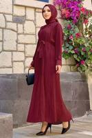 Tesettür giyim BORDO PİLİSELİ KREP ELBİSE 3043