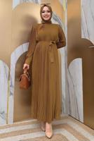 Tesettür giyim TABA PİLİSELİ KREP ELBİSE 3043