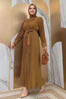 Tesettür giyim TABA PİLİSELİ KREP ELBİSE 3043