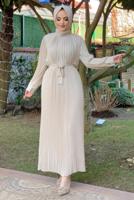 Tesettür giyim BEJ PİLİSELİ KREP ELBİSE 3043