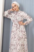 Tesettür giyim BEYAZ BOYUNDAN BAĞLAMALI ÇİÇEKLİ ELBİSE 3052 