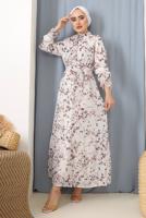 Tesettür giyim BEYAZ BOYUNDAN BAĞLAMALI ÇİÇEKLİ ELBİSE 3052 