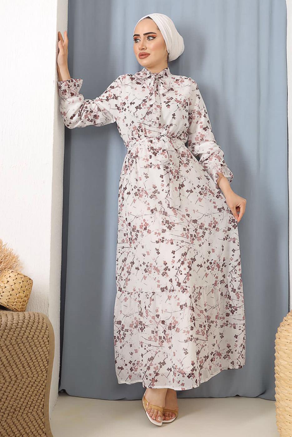 Tesettür giyim BEYAZ BOYUNDAN BAĞLAMALI ÇİÇEKLİ ELBİSE 3052 