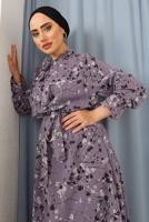Tesettür giyim MOR BOYUNDAN BAĞLAMALI ÇİÇEKLİ ELBİSE 3052 