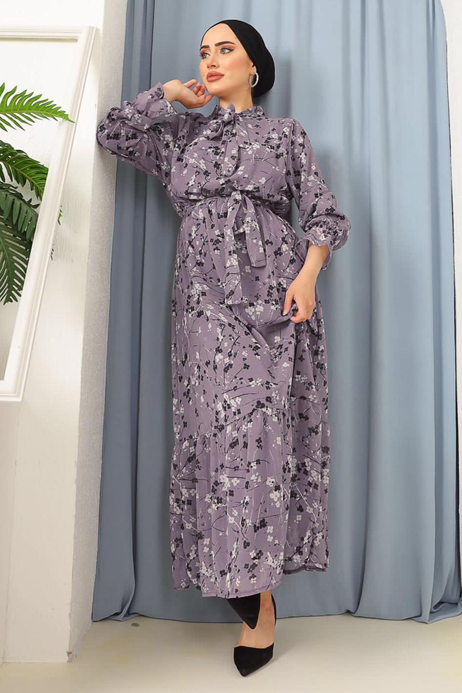 Tesettür giyim MOR BOYUNDAN BAĞLAMALI ÇİÇEKLİ ELBİSE 3052 