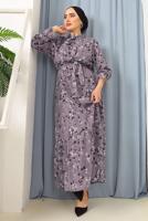 Tesettür giyim MOR BOYUNDAN BAĞLAMALI ÇİÇEKLİ ELBİSE 3052 