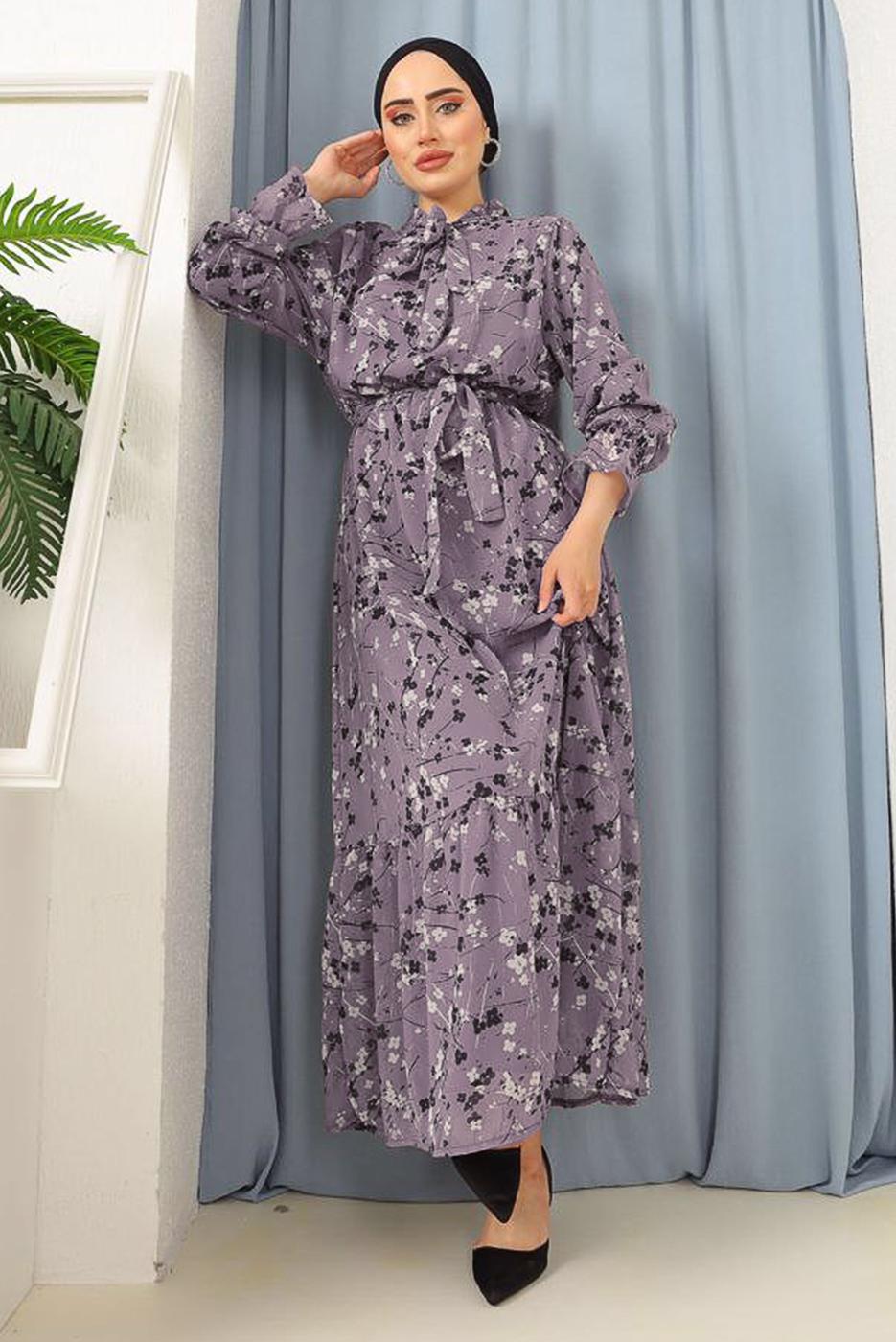 Tesettür giyim MOR BOYUNDAN BAĞLAMALI ÇİÇEKLİ ELBİSE 3052 