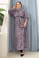 Tesettür giyim MOR BOYUNDAN BAĞLAMALI ÇİÇEKLİ ELBİSE 3052 
