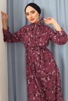 Tesettür giyim BORDO BOYUNDAN BAĞLAMALI ÇİÇEKLİ ELBİSE 3052 