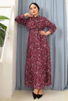 Tesettür giyim BORDO BOYUNDAN BAĞLAMALI ÇİÇEKLİ ELBİSE 3052 