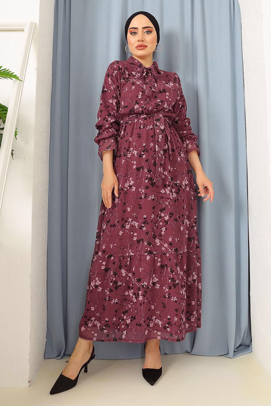 Tesettür giyim BORDO BOYUNDAN BAĞLAMALI ÇİÇEKLİ ELBİSE 3052 