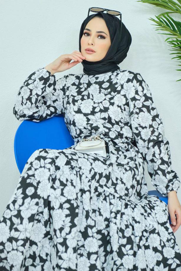 Hijab clothing FLORAL PATTERN BELTED DRESS 32140 - TRENDTESETTÜR