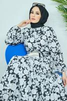 Vêtements hijab NOIR ROBE CEINTURÉE MOTIF FLEURI 32140