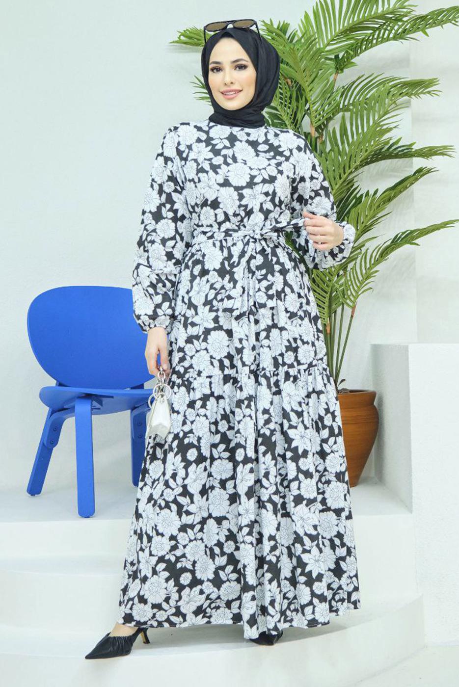 Vêtements hijab NOIR ROBE CEINTURÉE MOTIF FLEURI 32140