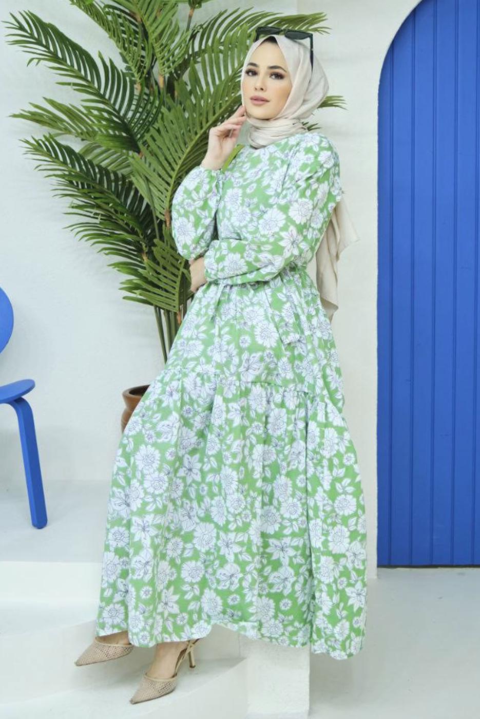 Vêtements hijab VERT ROBE CEINTURÉE MOTIF FLEURI 32140