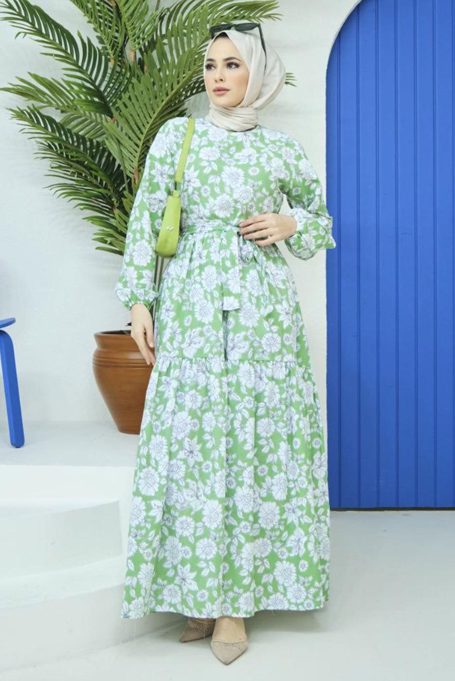 Vêtements hijab VERT ROBE CEINTURÉE MOTIF FLEURI 32140