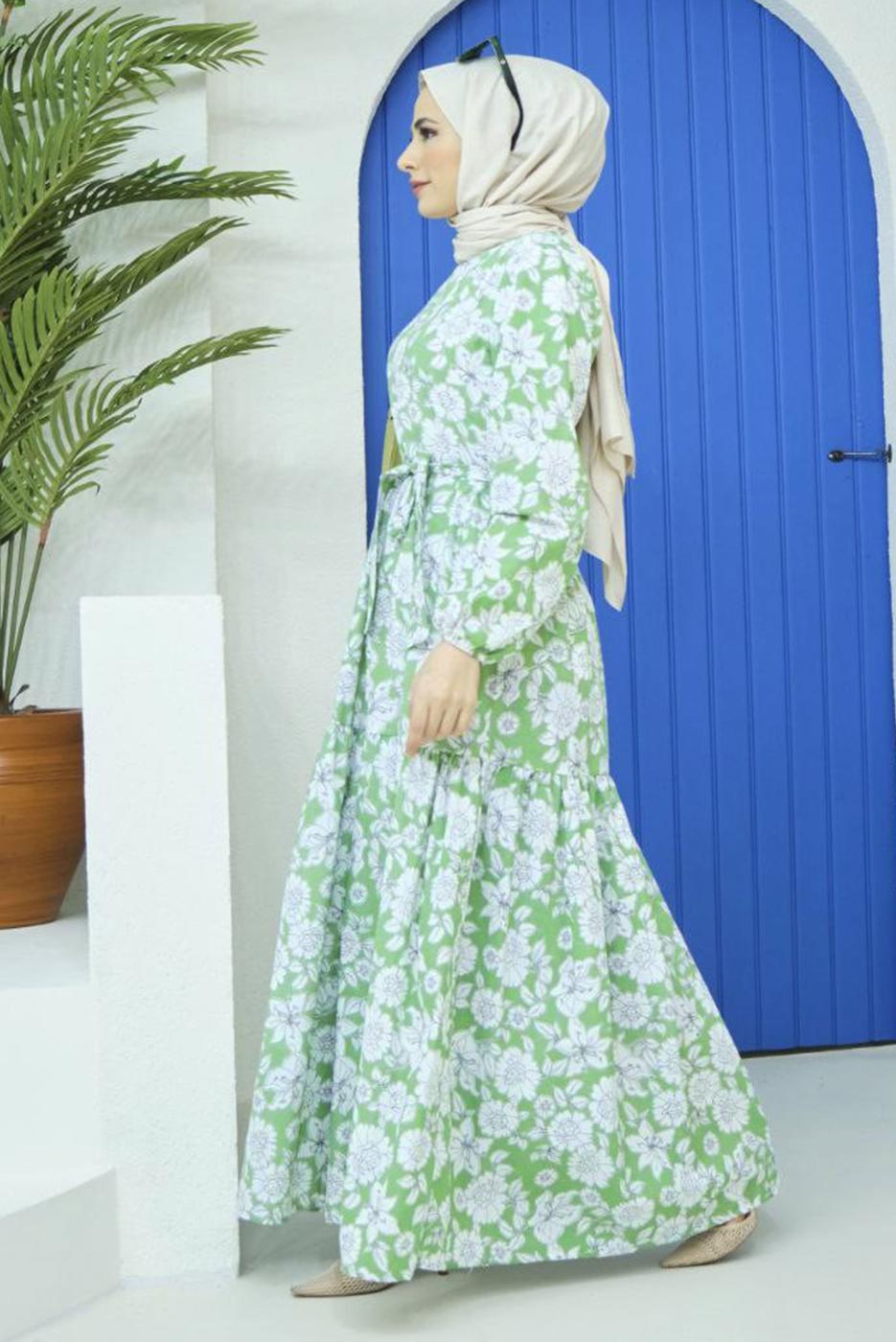 Vêtements hijab VERT ROBE CEINTURÉE MOTIF FLEURI 32140