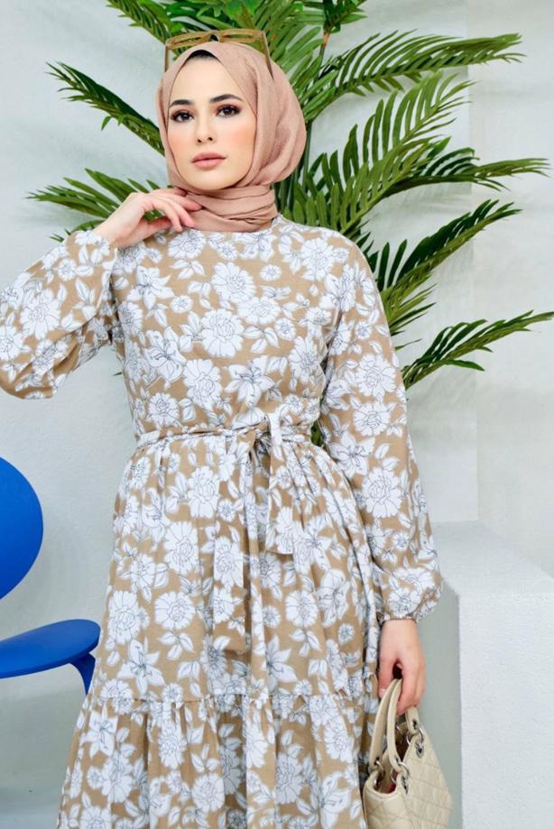 Hijab clothing  FLORAL PATTERN BELTED DRESS 32140  - TRENDTESETTÜR