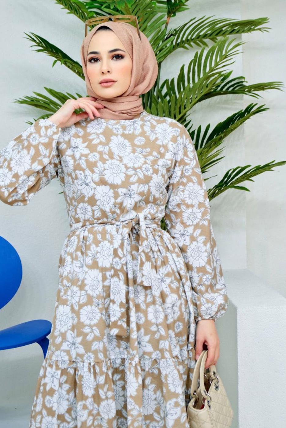 Hijab clothing BEIGE FLORAL PATTERN BELTED DRESS 32140 